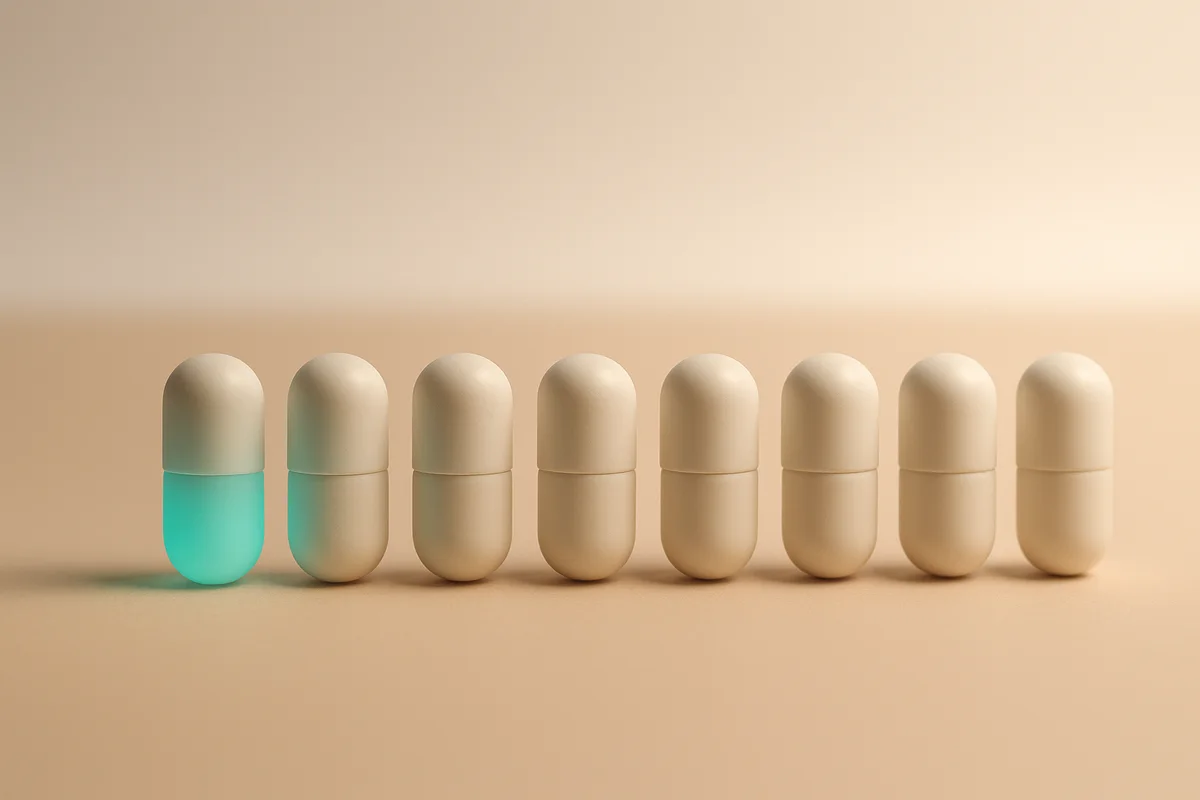 Dieci capsule bianche allineate su una superficie color sabbia, le prime tre con riflesso turchese