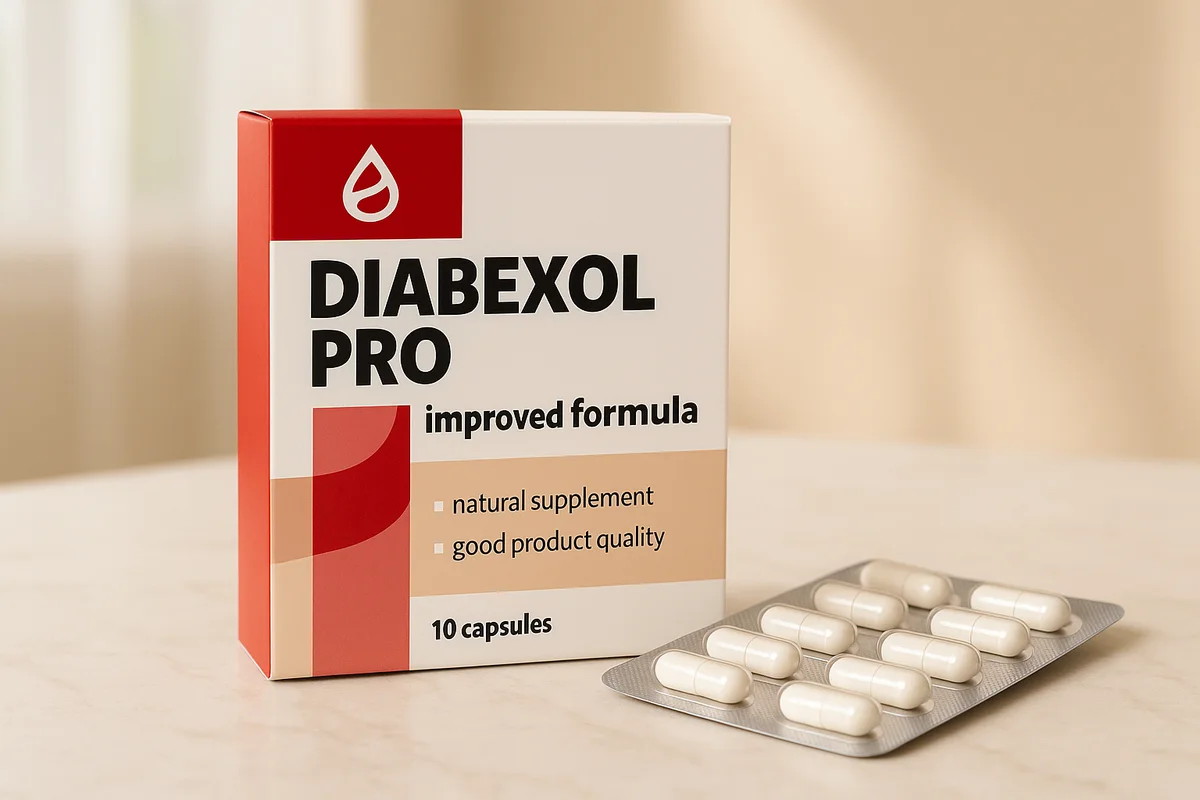 Confezione di Diabexol Pro accanto a un blister argentato con capsule bianche su marmo chiaro