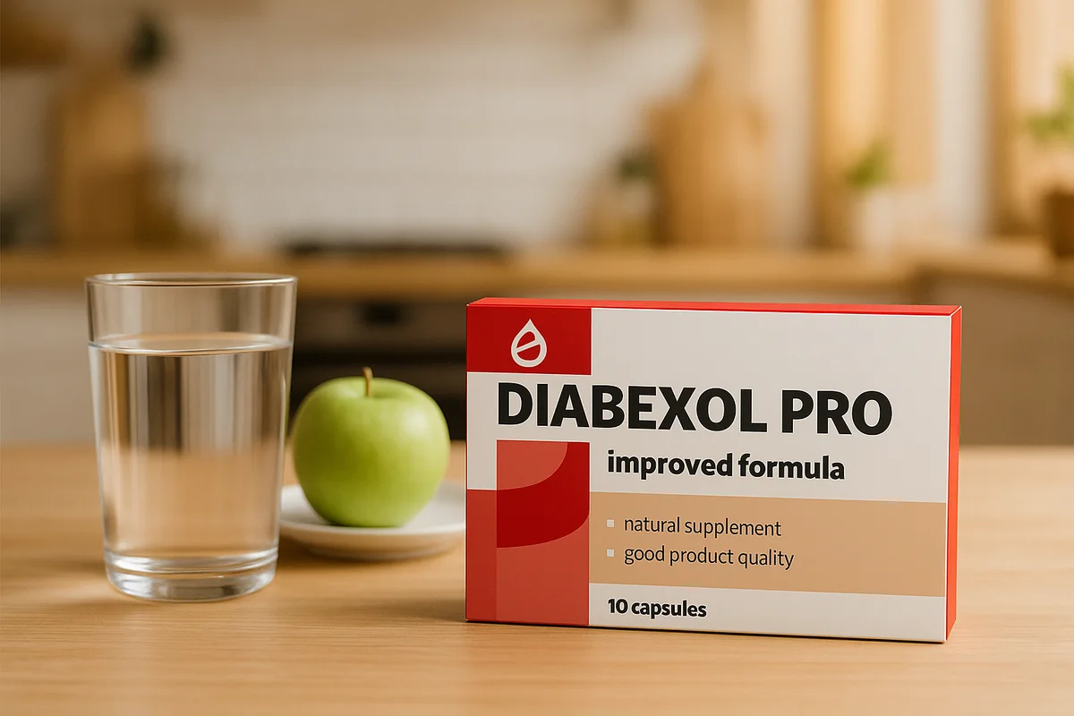 Κουτί Diabexol Pro στο τραπέζι της κουζίνας με ένα ποτήρι νερό και ένα πράσινο μήλο
