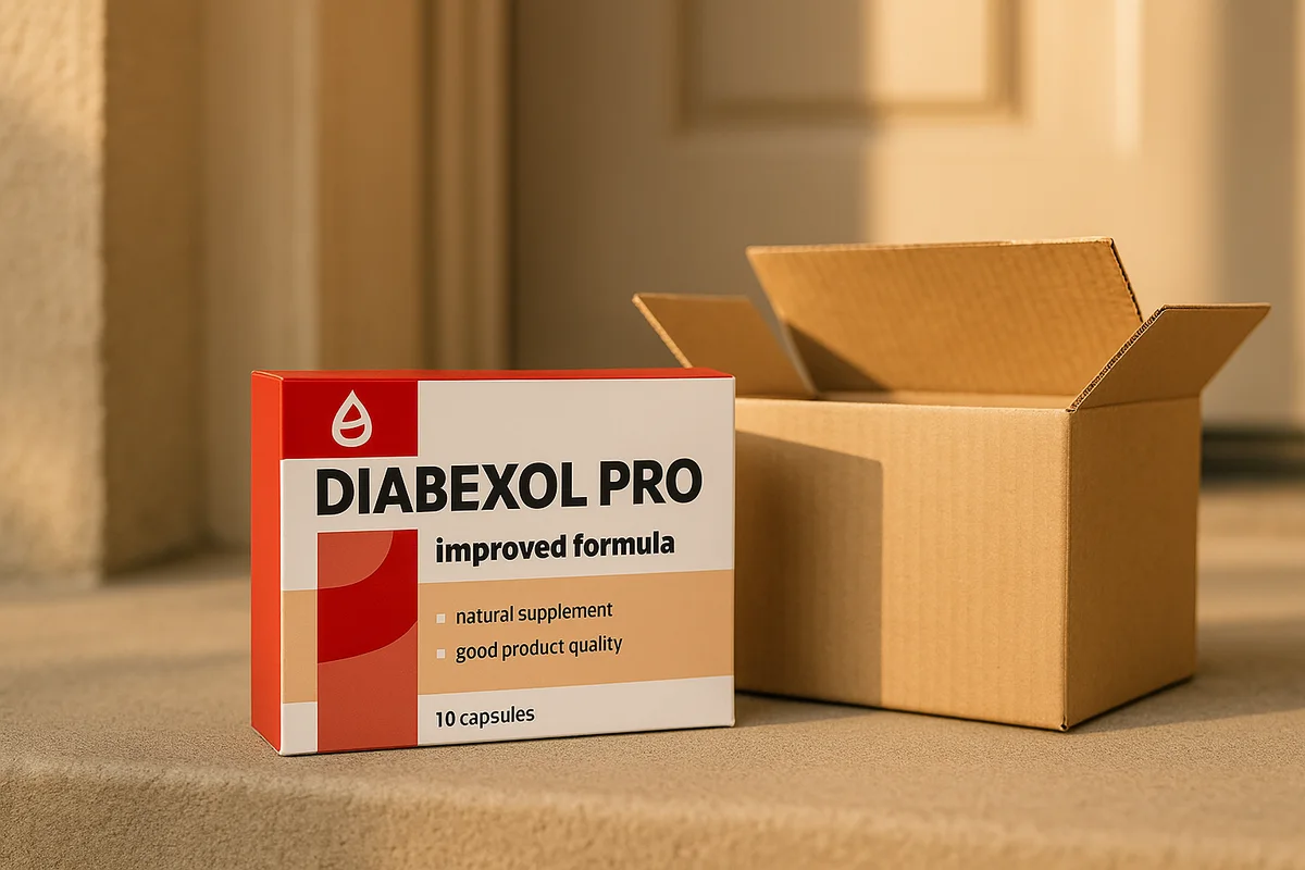Κουτί Diabexol Pro δίπλα σε ανοιγμένο χάρτινο δέμα στην πόρτα σπιτιού