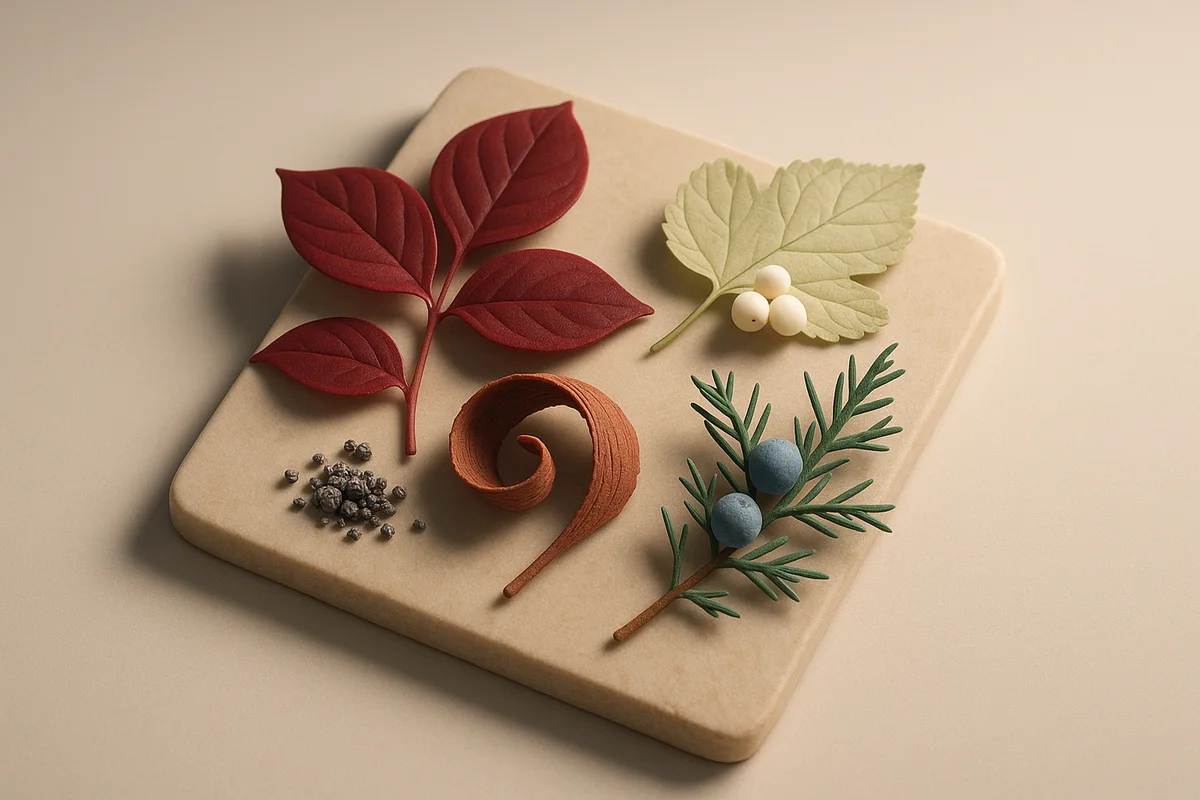 Composición botánica sobre piedra color arena: hojas de gymnema, hoja de morera blanca con bayas, corteza de pino, ramita de enebro con bayas azules y gránulos minerales