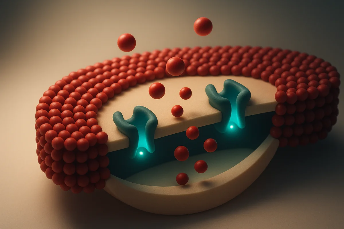 Schema 3D della membrana cellulare con recettori aperti e sfere di glucosio che entrano nella cellula